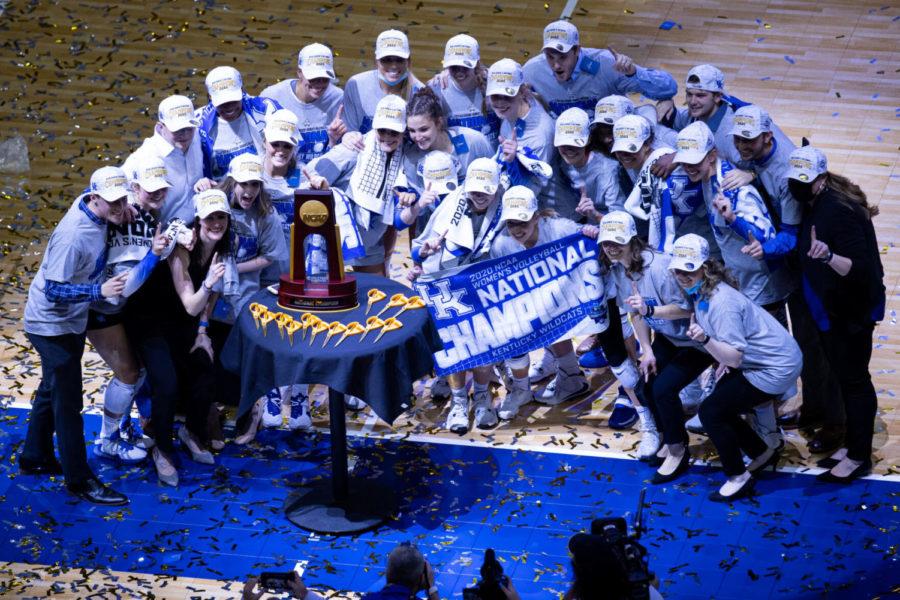 UK poses for a photo after the University of Kentucky vs. Texas NCAA women’s volleyball championship game on Saturday, April 24, 2021, at CHI Health Center in Omaha, Nebraska. UK won 3-1. Photo by Michael Clubb | Staff