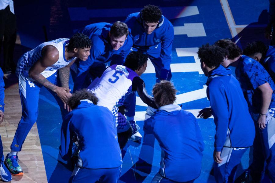 Kentucky Wildcats guard Terrence Clarke (5) is introduced before the University of Kentucky vs. Notre Dame basketball game on Saturday, Dec. 12, 2020, at Rupp Arena in Lexington, Kentucky. Notre Dame won 64-63. Photo by Michael Clubb | Staff