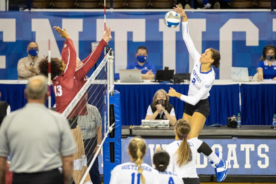Kentucky+Wildcats+outside+hitter+Madi+Skinner+%282%29+spikes+the+ball+during+the+University+of+Kentucky+vs.+University+of+Alabama+volleyball+game+on+Wednesday%2C+March+24%2C+2021%2C+at+Memorial+Coliseum+in+Lexington%2C+Kentucky.+UK+won+3-0.+Photo+by+Michael+Clubb+%7C+Staff
