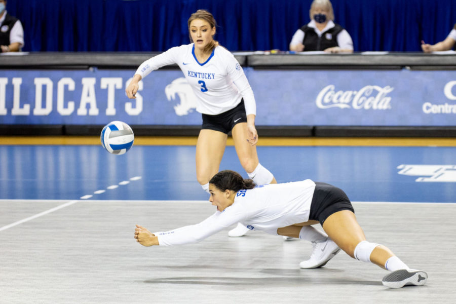 Kentucky Wildcats outside hitter Avery Skinner (4) dives for the ball during the UK vs. Ole Miss game on Saturday, March 13, 2021, at Memorial Coliseum in Lexington, Kentucky. UK won 3-1. Photo by Jack Weaver | Staff