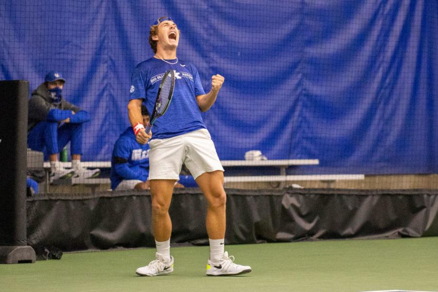 Liam Draxl celebrates during the University of Kentucky vs. Louisiana State mens tennis meet on Sunday, Feb. 21, 2021, at the Hilary J. Boone Tennis Complex in Lexington, Kentucky. Kentucky won 4-0. Photo by Jack Weaver | Staff