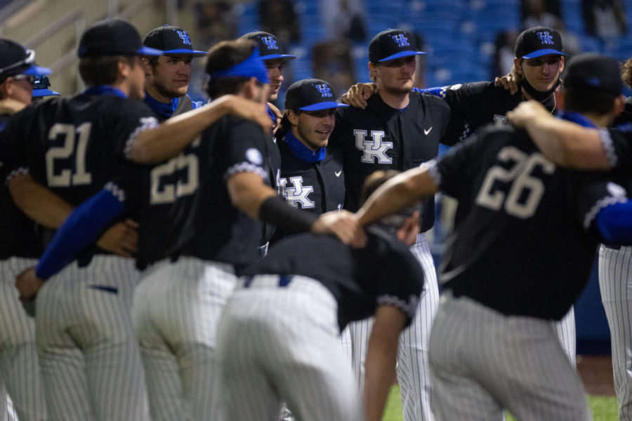 The Wildcats create a dance circle after the University of Kentucky vs. Bellarmine baseball game on Tuesday, April 13, 2021, at Kentucky Proud Park in Lexington, Kentucky. UK won 12-0. Photo by Jack Weaver | Staff