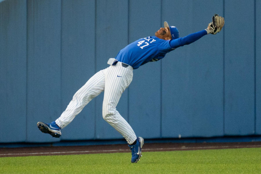 Kentucky Wildcat Ryan Ritter (47) dives to catch a pop fly during the UK vs. Louisville baseball game on Tuesday, April 20, 2021, at Kentucky Proud Park in Lexington, Kentucky. UK lost 12-5. Photo by Jack Weaver | Staff