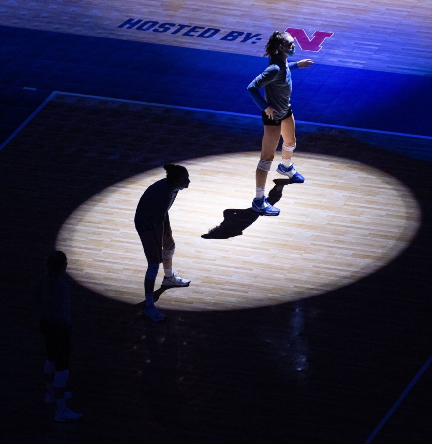 Kentucky volleyball players warm up ahead of the NCAA Championship game against no. 4 Texas at the CHI Health Center in Omaha, Nebraska on April 24, 2021. Photo by Michael Clubb | Staff