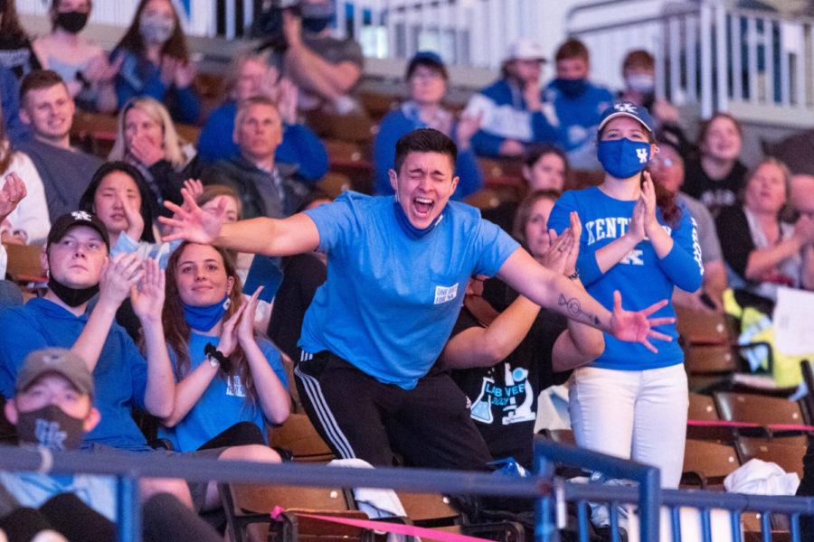 Erik Osorio, a freshman architecture major, celebrates during a watch party for Kentucky volleyball as they compete for the national championship on Saturday, April 24, 2021, at Memorial Coliseum in Lexington, Kentucky. UK won 3-1. Photo by Jack Weaver | Staff