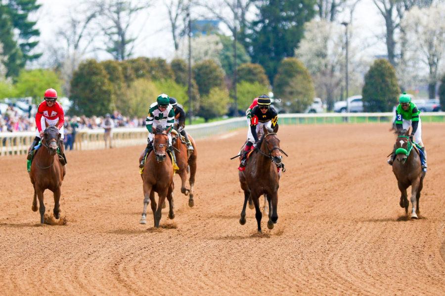 Horses turn a bend in the second race of Keenelands first of the spring meet on Friday, April 6, 2018, in Lexington, Kentucky. Photo by Arden Barnes | Staff