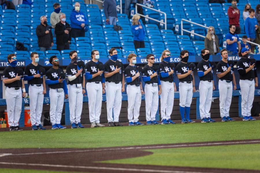 The+Wildcats+line+up+for+the+national+anthem+before+the+University+of+Kentucky+vs.+Bellarmine+baseball+game+on+Tuesday%2C+April+13%2C+2021%2C+at+Kentucky+Proud+Park+in+Lexington%2C+Kentucky.+UK+won+12-0.+Photo+by+Jack+Weaver+%7C+Staff
