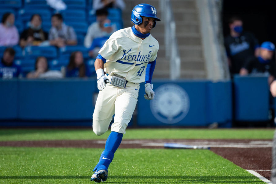 Kentucky+Wildcat+Ryan+Ritter+%2847%29+runs+to+first+base+during+the+University+of+Kentucky+vs.+Murray+State+University+baseball+game+on+Tuesday%2C+March+16%2C+2021%2C+at+Kentucky+Proud+Park+in+Lexington%2C+Kentucky.+UK+lost+13-8.+Photo+by+Michael+Clubb+%7C+Staff