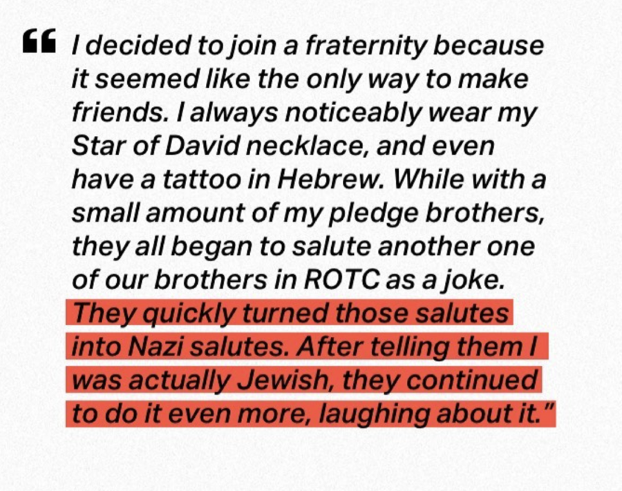 Anonymous testimony shared on the @jewishoncampus Instagram account alleges that members of a UK fraternity repeatedly greeted a Jewish members with Nazi salutes. The testimony was posted on April 1, 2021 and the University of Kentucky was tagged in the post.
