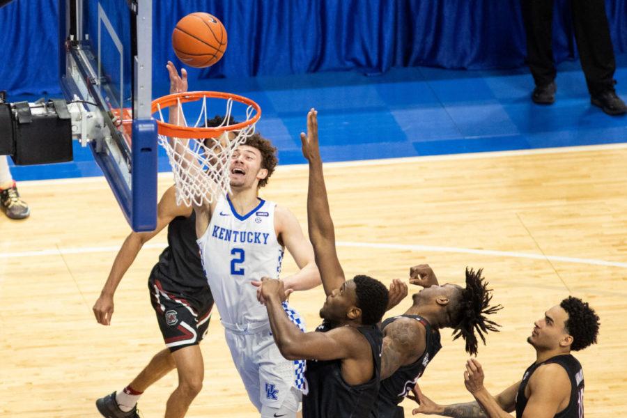 Kentucky Wildcats guard Devin Askew (2) shoots the ball during the UK vs. University of South Carolina men’s basketball game on Saturday, March 6, 2021, at Rupp Arena in Lexington, Kentucky. UK won 92-64. Photo by Jack Weaver | Staff