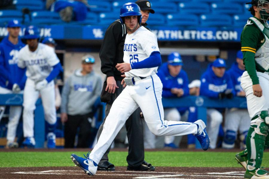 Kentucky junior Coltyn Kessler steps across home plate during the game against Norfolk State University on Saturday, March 7, 2020, at Kentucky Proud Park in Lexington, Kentucky. Kentucky won 11-1. Photo by | Staff