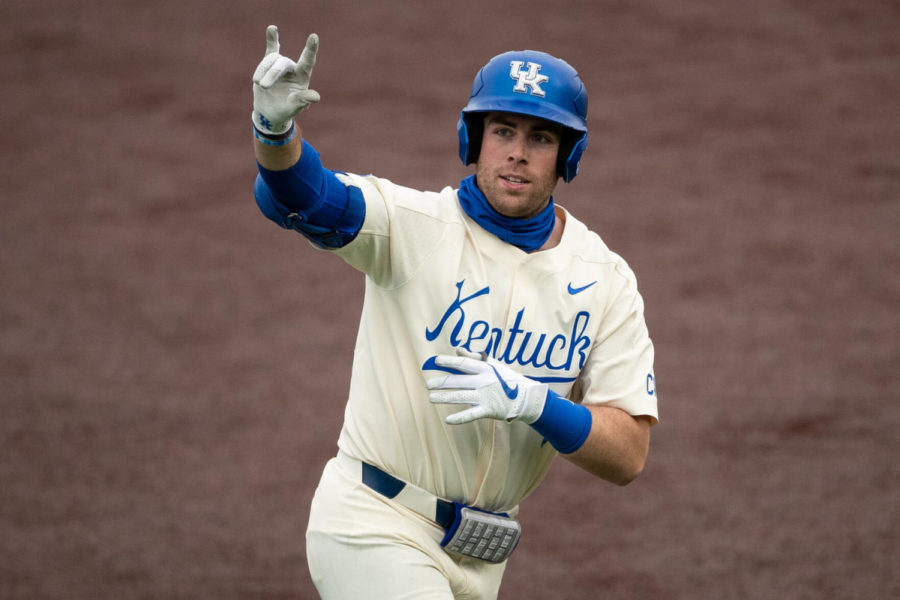 Kentucky Wildcat T.J. Collett (5) celebrates after hitting a homerun during the University of Kentucky vs. Murray State University baseball game on Tuesday, March 16, 2021, at Kentucky Proud Park in Lexington, Kentucky. UK lost 13-8. Photo by Michael Clubb | Staff