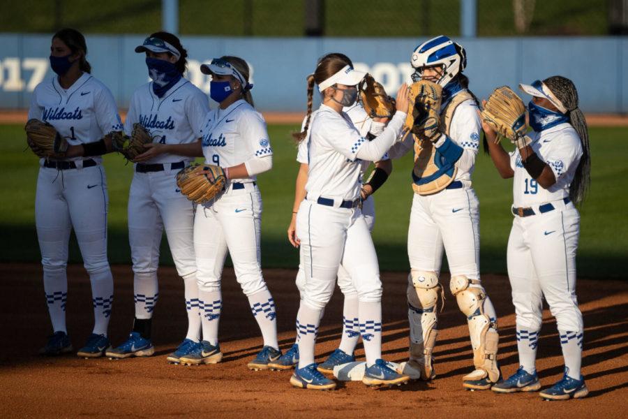 The starters for UK are introduced before the University of Kentucky vs. University of Georgia softball game on Monday, April 12, 2021, at John Cropp Stadium in Lexington, Kentucky. UK lost 5-2. Photo by Michael Clubb | Staff