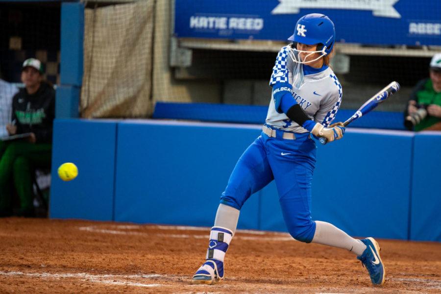 Kentucky+sophomore+Renee+Abernathy+swings+at+a+pitch+during+the+game+against+Marshall+on+Wednesday%2C+March+11%2C+2020%2C+at+John+Cropp+Stadium+in+Lexington%2C+Kentucky.+Kentucky+won+16-15.+Photo+by+Jordan+Prather+%7C+Staff