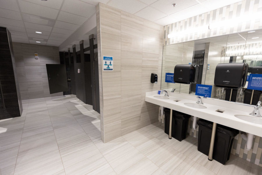 A bathroom in the College of Law on Thursday, April 29, 2021, at the University of Kentucky in Lexington, Kentucky. Photo by Jack Weaver | Staff