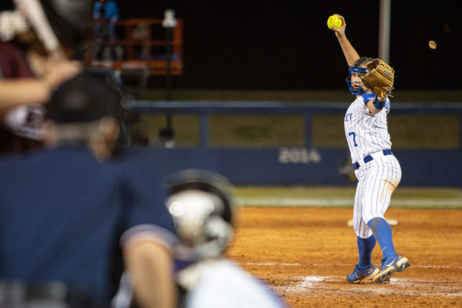 Kentucky Wildcat Autumn Humes (7) pitches during the UK vs. Eastern Kentucky game on Tuesday, March 16, 2021, at Cropp Softball Stadium in Lexington, Kentucky. UK won 6-5. Photo by Jack Weaver | Staff