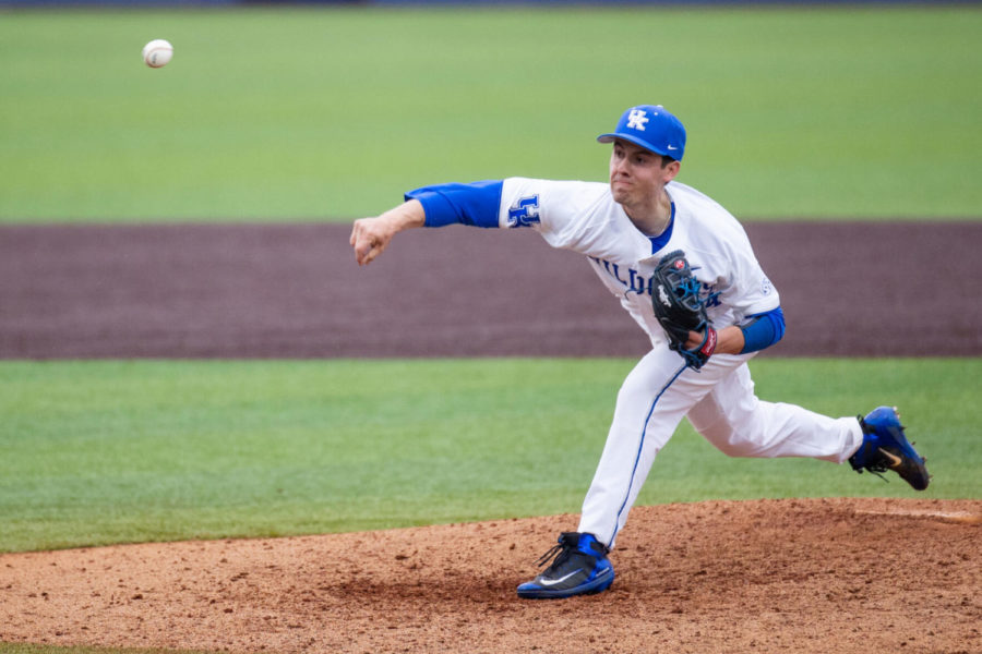 Kentucky Wildcat Sean Harney (34) pitches during the University of Kentucky vs. Georgia State game on Sunday, March 14, 2021, at Kentucky Proud Park in Lexington, Kentucky. UK won 4-2. Photo by Jack Weaver | Staff