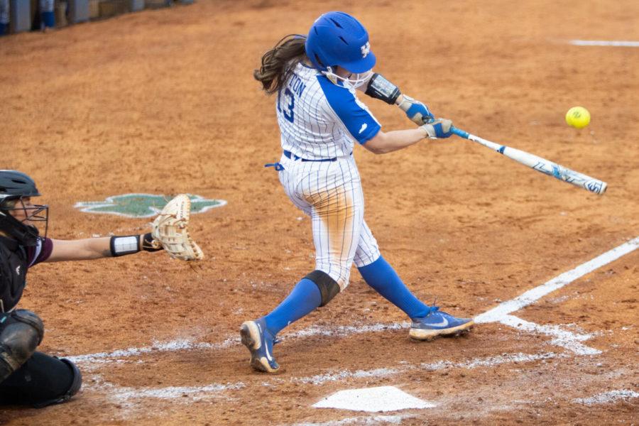 Kentucky Wildcat Mallory Peyton (13) hits the ball during the UK vs. Eastern Kentucky game on Tuesday, March 16, 2021, at Cropp Softball Stadium in Lexington, Kentucky. UK won 6-5. Photo by Jack Weaver | Staff