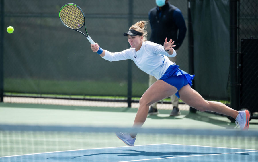 Akvilė Paražinskaitė hits the ball during the University of Kentucky vs. Tennessee women’s tennis match on Sunday, March 28, 2021, at Hillary J. Boone Tennis Center in Lexington, Kentucky. Photo by Michael Clubb | Staff