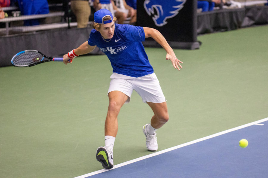 Liam Draxl prepares to return a hit during the University of Kentucky vs. Louisiana State mens tennis meet on Sunday, Feb. 21, 2021, at the Hilary J. Boone Tennis Complex in Lexington, Kentucky. Kentucky won 4-0. Photo by Jack Weaver | Staff