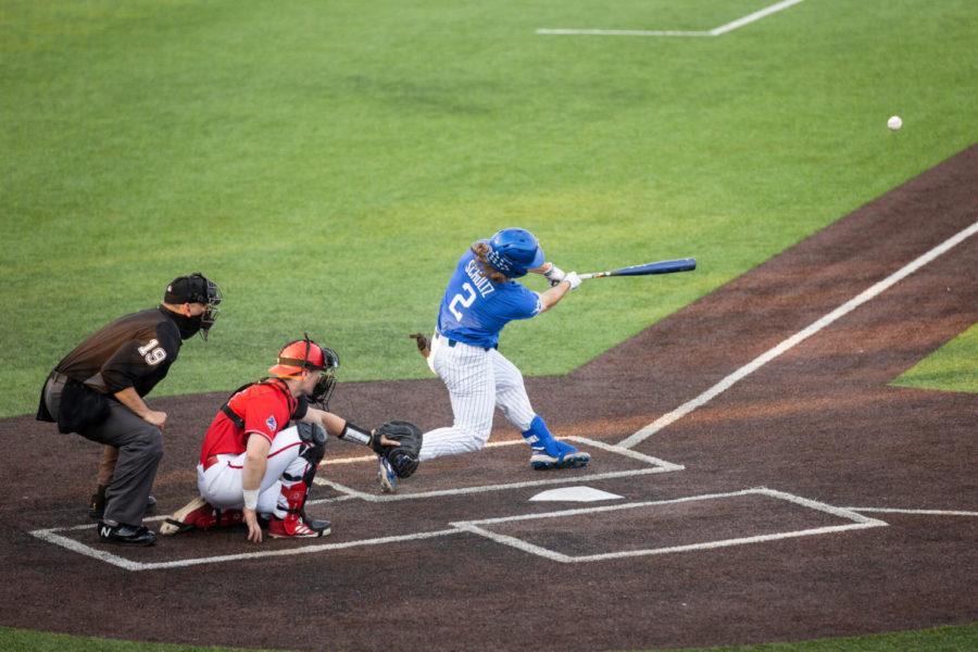 Kentucky Wildcat Austin Shultz (2) hits a home run during the UK vs. Louisville baseball game on Tuesday, April 20, 2021, at Kentucky Proud Park in Lexington, Kentucky. UK lost 12-5. Photo by Jack Weaver | Staff