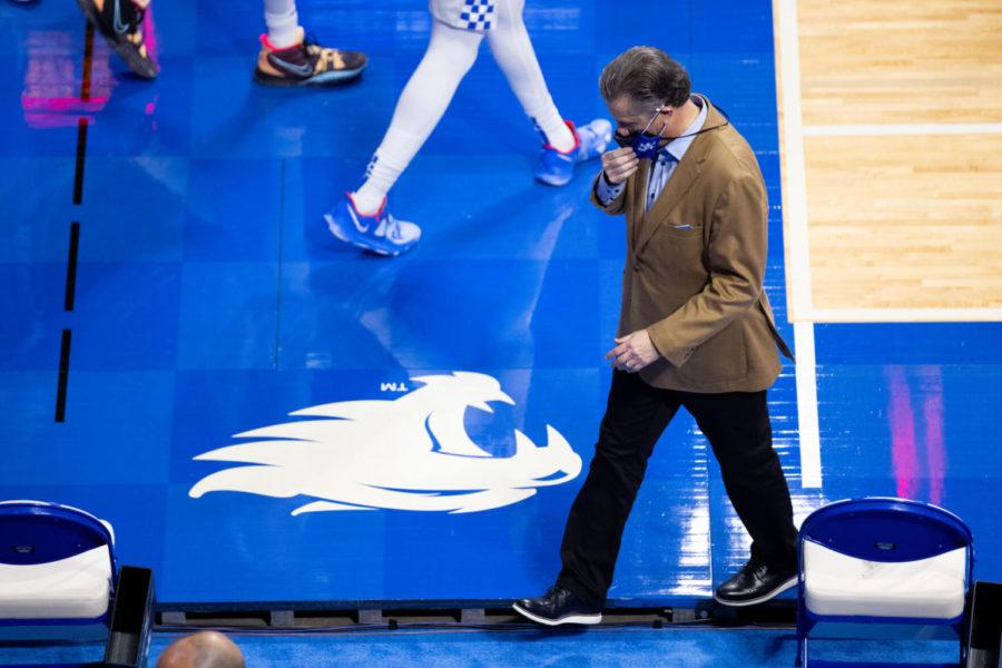 Kentucky Wildcats head coach John Calipari walks off the court after the University of Kentucky vs. Tennessee mens basketball game on Saturday, Feb. 6, 2021, at Rupp Arena in Lexington, Kentucky. UK lost 82-71. Photo by Michael Clubb | Staff