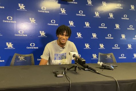 Kentucky men's basketball freshman forward Daimion Collins addresses the media following a summer basketball camp in the Joe Craft Center on June 18, 2021. 