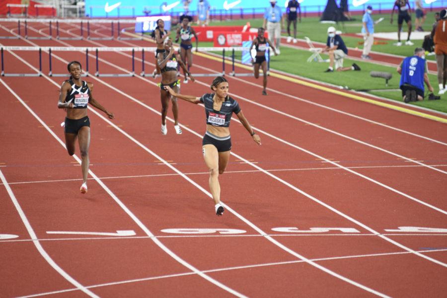 Former Kentucky Wildcat track and field star Sydney McLaughlin breaks the world record in the 400m hurdles in the Olympic Trials for the 2020 Tokyo Olympic Games at Hayward Field in Eugene, OR on June 27, 2021.