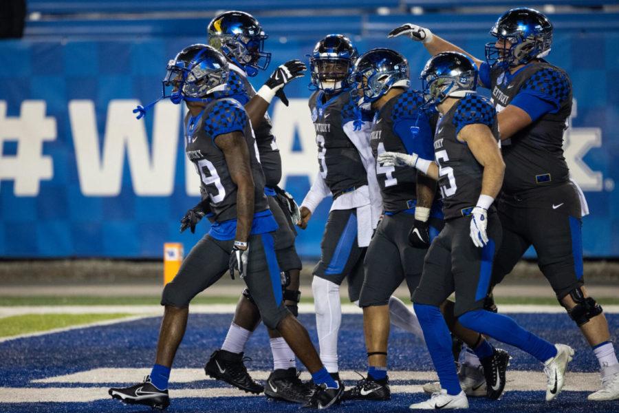 UK celebrates a touchdown during the University of Kentucky vs. University of South Carolina football game on Saturday, Dec. 5, 2020, at Kroger Field in Lexington, Kentucky. UK won 41-18. Photo by Michael Clubb | Staff