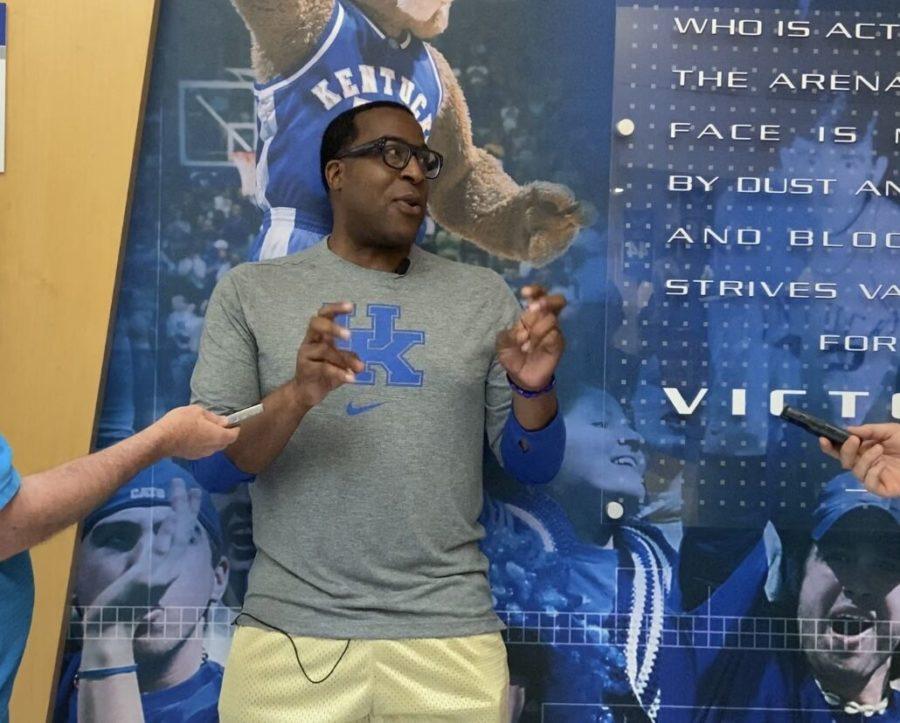 Kentucky mens basketball assistant coach Ron Chin Coleman addresses the media following a Father-Daughter Summer Basketball Camp at the Joe Craft Center on June 19, 2021. 