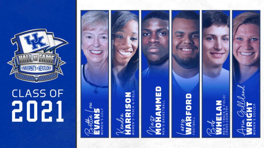 Betty Lou Evans, Kendra Harrison, Nazr Mohammed, Larry Warford, Bob Whelen and Arin Gilliand Wright (left to right) make up the 2021 UK Athletics Hall of Fame class.  