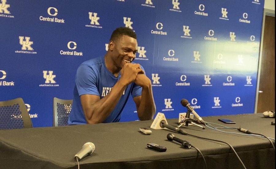 Kentucky+mens+basketball+player+Oscar+Tshiebwe+addresses+the+media+after+a+basketball+camp+in+the+Joe+Craft+Center+on+June+29%2C+2021.