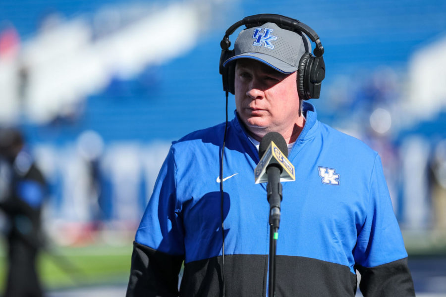 Kentucky Wildcats head coach Mark Stoops gets interviewed before the University of Kentucky vs. University of Georgia football game on Saturday, Oct. 31, 2020, at Kroger Field in Lexington, Kentucky. UK lost 14-3. Photo by Michael Clubb | Staff