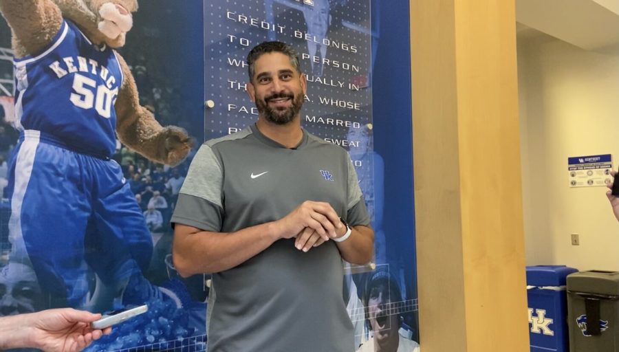 Kentucky mens basketball assistant coach Orlando Antigua addresses the media after the Father-Daughter Summer Basketball Camp on June 12, 2021 inside the Joe Craft Center in Lexington, Ky. 