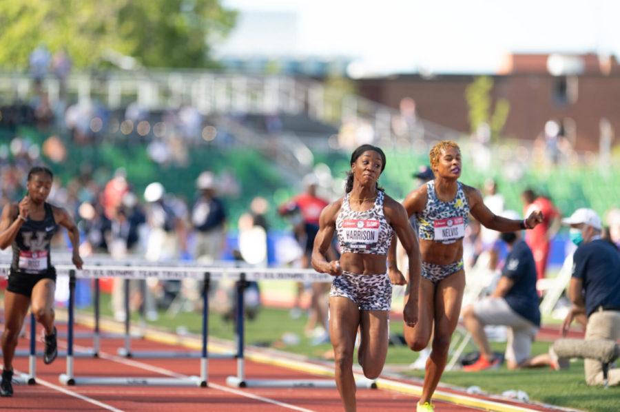 Keni Harrison finishes first in the 100m hurdles at the 2021 Olympic Trials at Hayward Field in Eugene, OR on Sunday June 20, 2021.