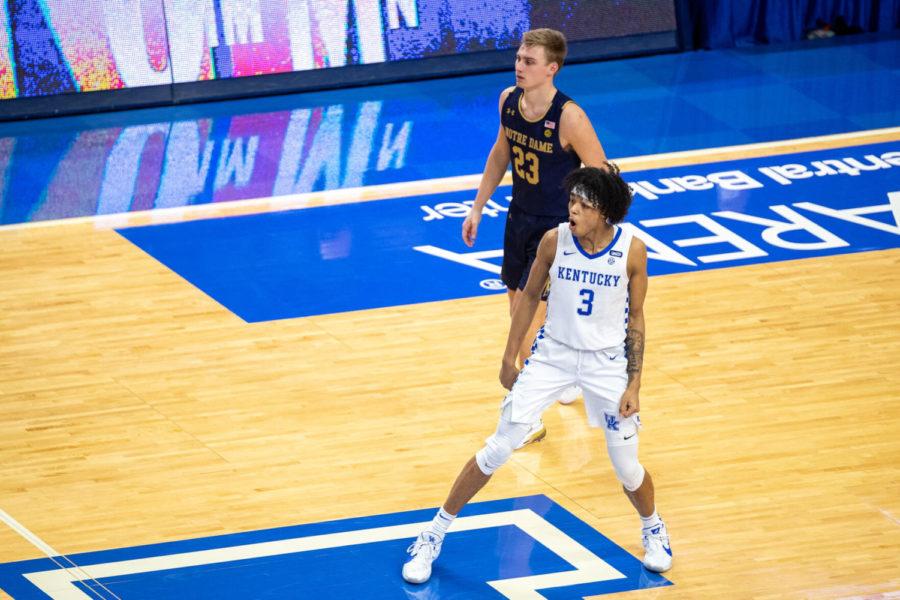 iKentucky Wildcats guard Brandon Boston Jr. (3) celebrates scoring a three pointer during the University of Kentucky vs. Notre Dame basketball game on Saturday, Dec. 12, 2020, at Rupp Arena in Lexington, Kentucky. Notre Dame won 64-63. Photo by Michael Clubb | Staff