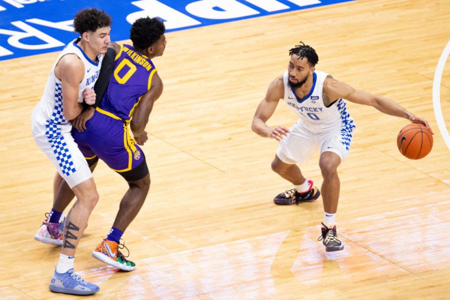 Kentucky Wildcats guard Davion Mintz (10) dribbles the ball up the court during the University of Kentucky vs. Louisiana State University mens basketball game on Saturday, Jan. 23, 2021, at Rupp Arena in Lexington, Kentucky. UK won 82-69. Photo by Michael Clubb | Staff