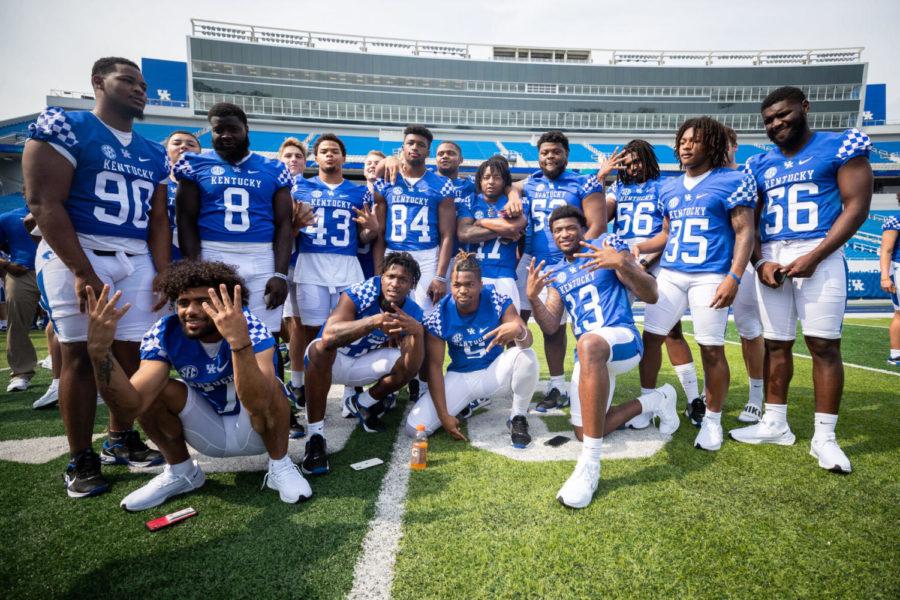 Kentucky+players+pose+for+a+photo+during+the+UK+football+media+day+on+Friday%2C+Aug.+6%2C+2021%2C+at+Kroger+Field+in+Lexington%2C+Kentucky.+Photo+by+Michael+Clubb+%7C+Staff