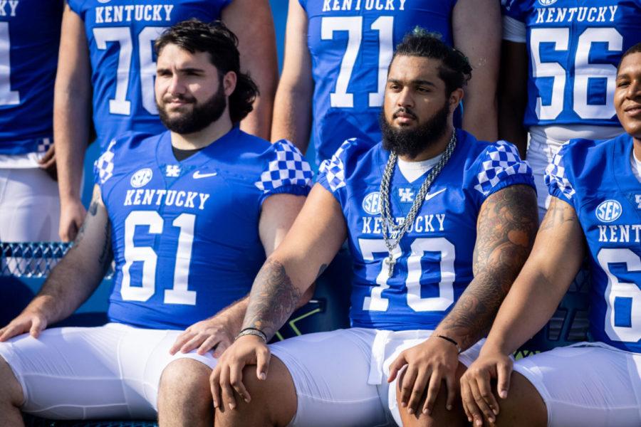 Kentucky%E2%80%99s+offensive+line+wait+to+get+their+picture+taken+during+the+UK+football+media+day+on+Friday%2C+Aug.+6%2C+2021%2C+at+Kroger+Field+in+Lexington%2C+Kentucky.+Photo+by+Michael+Clubb+%7C+Staff