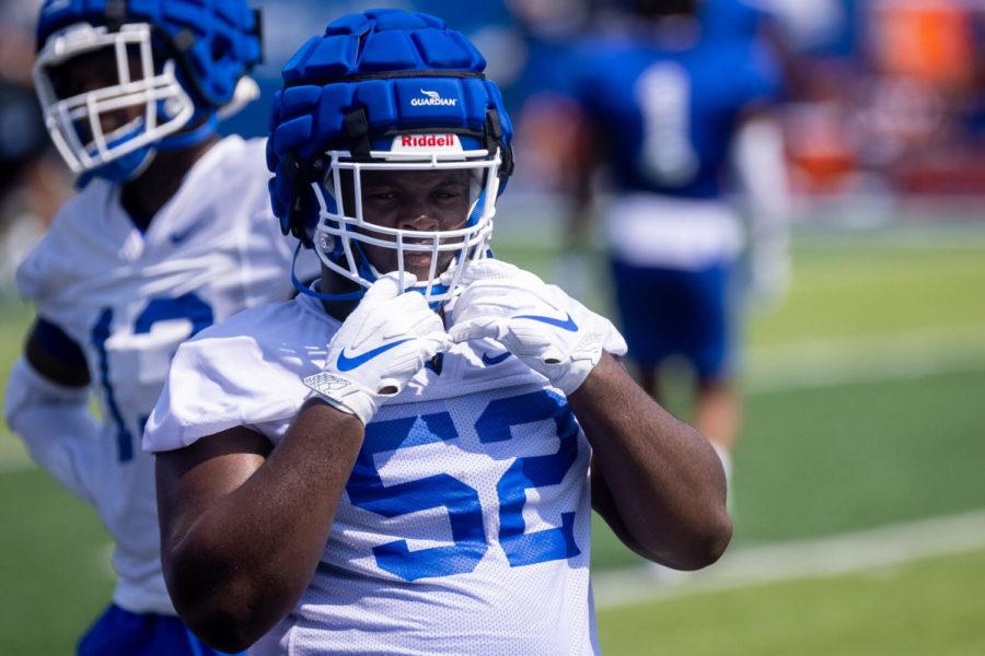 Justin Rogers waits to run a drill during the UK football Fan Day open practice on Saturday, Aug. 7, 2021, at Kroger Field in Lexington, Kentucky. Photo by Michael Clubb | Staff