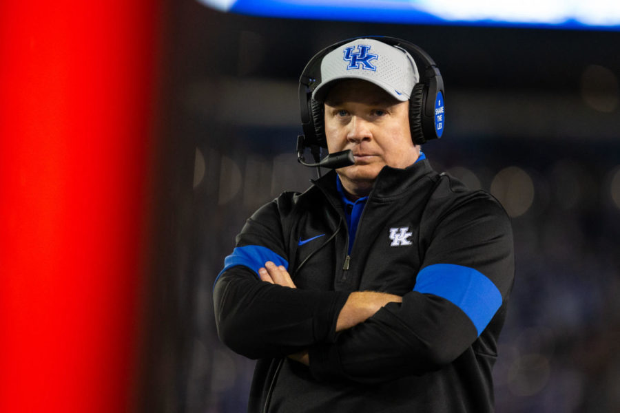 Kentucky head coach Mark Stoops watches his team during the game against Arkansas on Saturday, Oct. 12, 2019, at Kroger Field in Lexington, Kentucky. Kentucky won 24-20. Photo by Jordan Prather | Staff