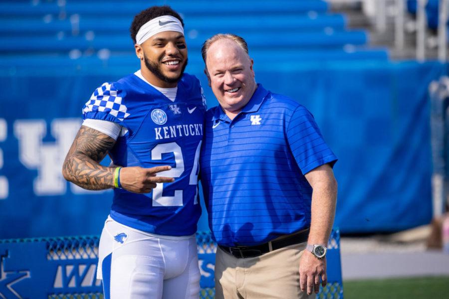 Chris+Rodriguez+Jr.+poses+for+a+photo+with+head+coach+Mark+Stoops+during+the+UK+football+media+day+on+Friday%2C+Aug.+6%2C+2021%2C+at+Kroger+Field+in+Lexington%2C+Kentucky.+Photo+by+Michael+Clubb+%7C+Staff