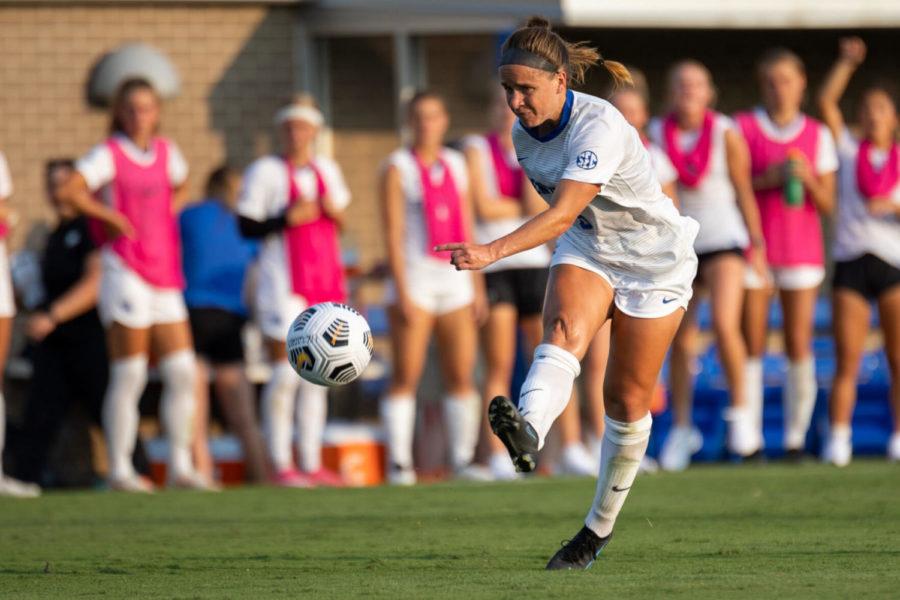 Kentucky Wildcats midfielder Marissa Bosco (9) takes a shot on goal during UK’s game against Marshall on Sunday, Aug. 22, 2021, at Wendell and Vickie Bell Soccer Complex in Lexington, Kentucky. UK won 3-0. Photo by Jack Weaver