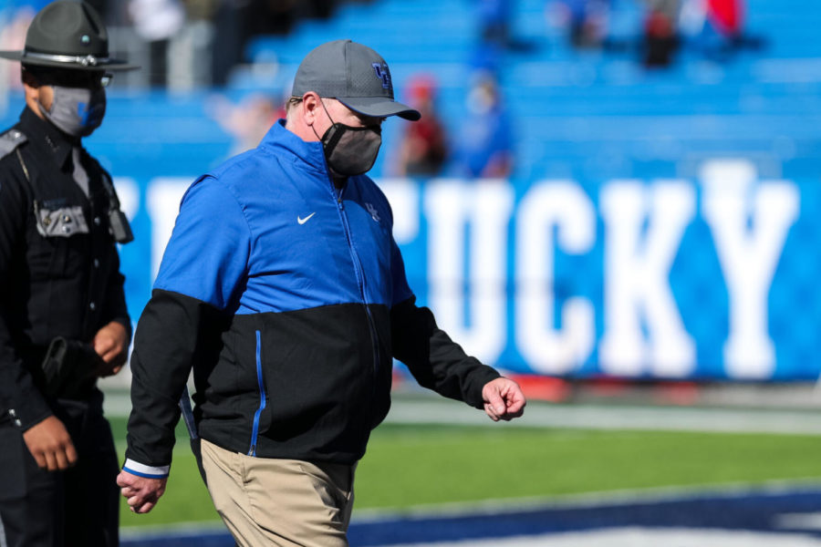 Kentucky Wildcats head coach Mark Stoops walks into the locker room after the University of Kentucky vs. University of Georgia football game on Saturday, Oct. 31, 2020, at Kroger Field in Lexington, Kentucky. UK lost 14-3. Photo by Michael Clubb | Staff