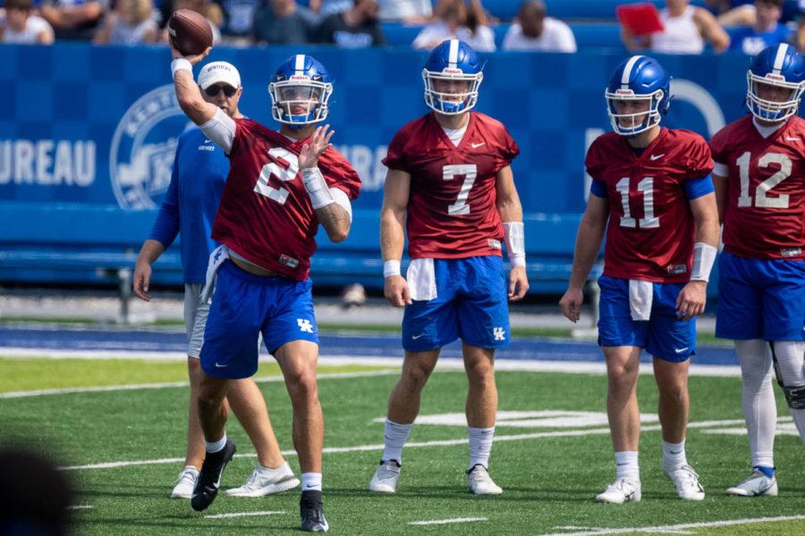 Joey Gatewood (2) throws the ball during the UK football Fan Day open practice on Saturday, Aug. 7, 2021, at Kroger Field in Lexington, Kentucky. Photo by Michael Clubb | Staff
