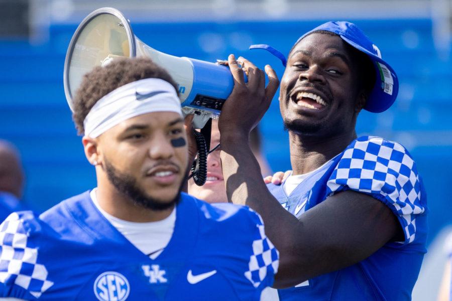 Kentucky%E2%80%99s+Jordan+Wright+speaks+into+a+megaphone+during+the+UK+football+media+day+on+Friday%2C+Aug.+6%2C+2021%2C+at+Kroger+Field+in+Lexington%2C+Kentucky.+Photo+by+Michael+Clubb+%7C+Staff