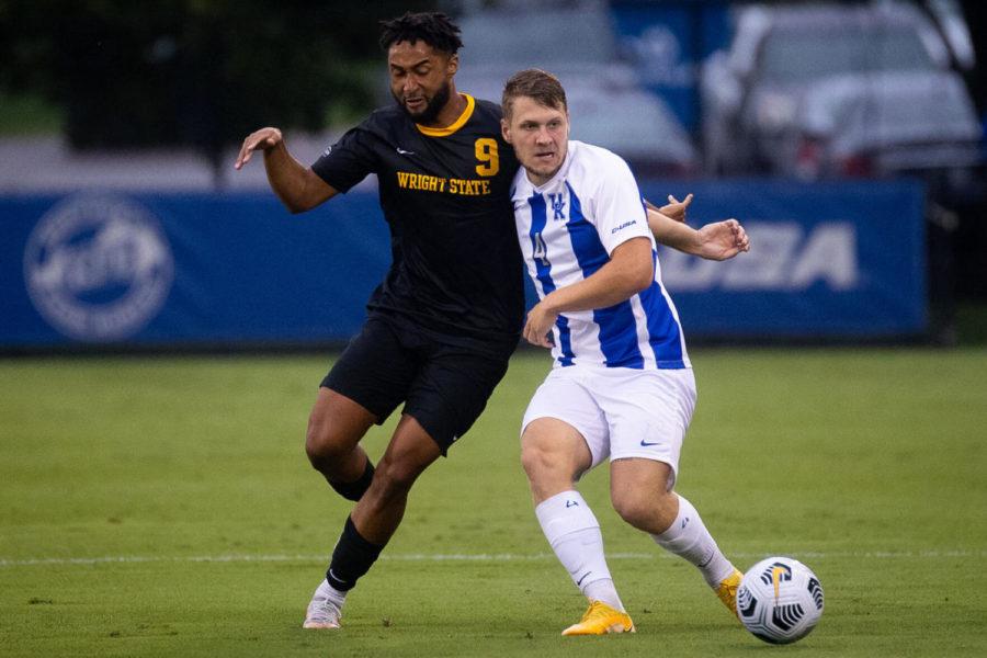 Kentucky's Luis Grassow (4) pushes the ball upfield during the Kentucky vs. Wright State men's soccer game on Monday, Aug. 30, 2021, at the Bell Soccer Complex in Lexington, Kentucky. UK won 3-0. Photo by Michael Clubb | Staff