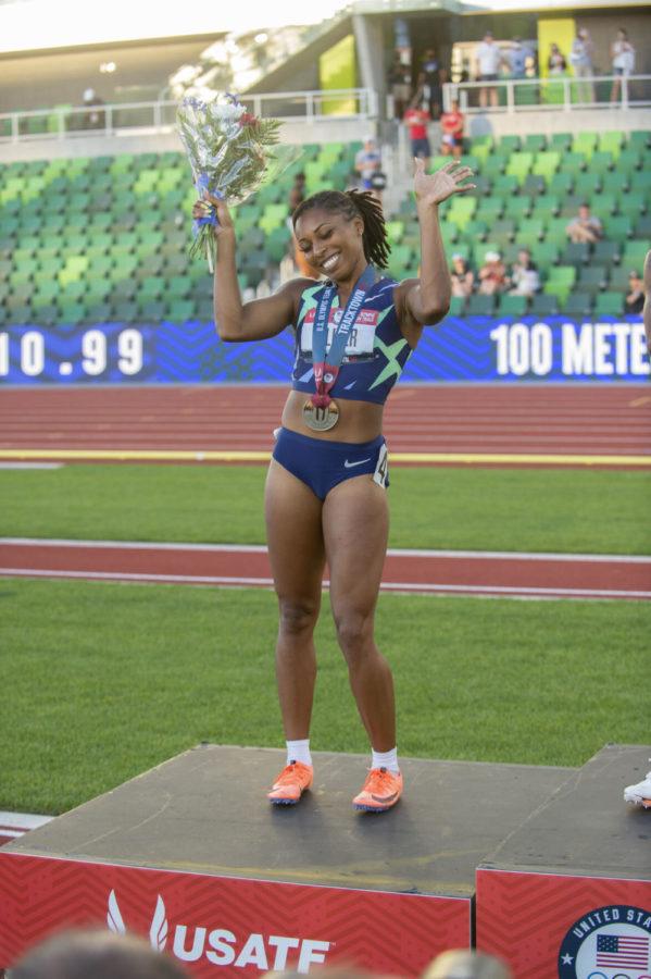 Javianne Oliver stands on the podium after competing in the Olympic Qualifiers on June 20, 2021.