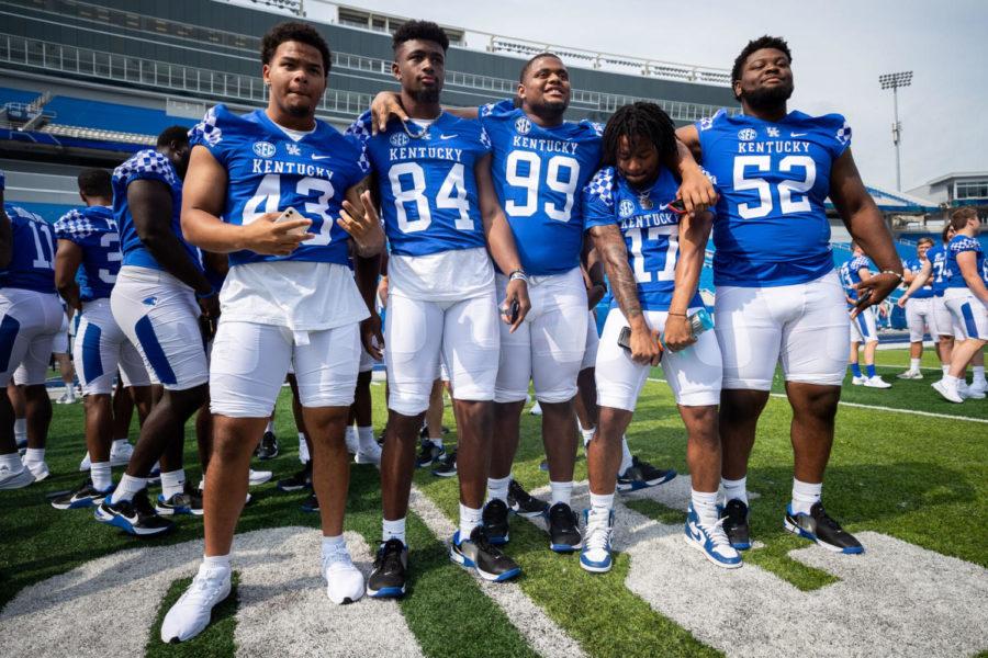 Darren Green, Izayah Cummings, Josaih Hayes, JuTahn McClain, and Justin Rogers (left to right) pose for a photo during the UK football media day on Friday, Aug. 6, 2021, at Kroger Field in Lexington, Kentucky. Photo by Michael Clubb | Staff