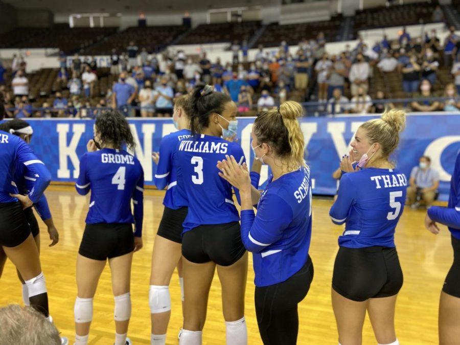 Jordyn Williams (3) stands with her teammates on Fan Day 2021 inside Memorial Coliseum on Aug. 15, 2021. 